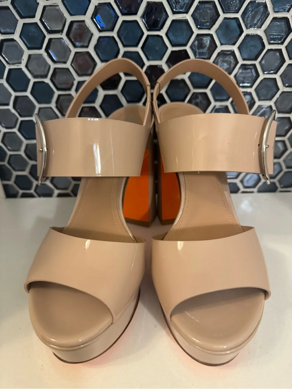 SANTONI Bruxel Nude Beige Platform Sandal, size 7.5
